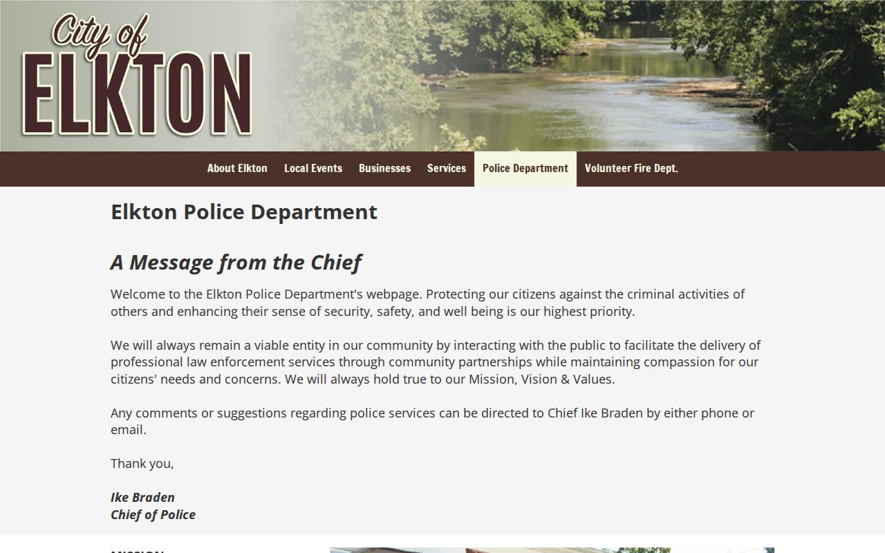 Elkton Police Department contact page for Giles County booking-record questions