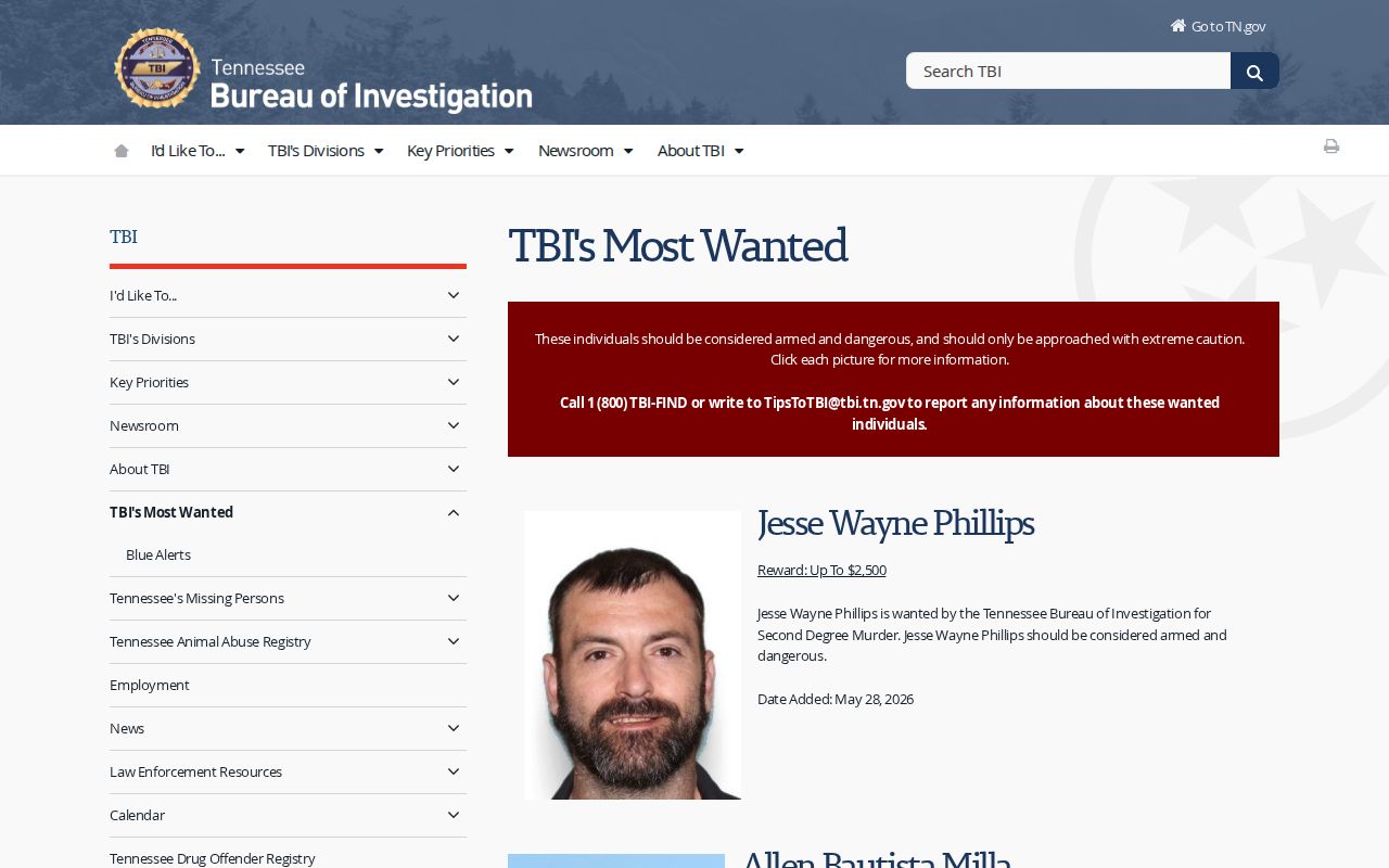 Giles County Tennessee statewide most wanted official notice source